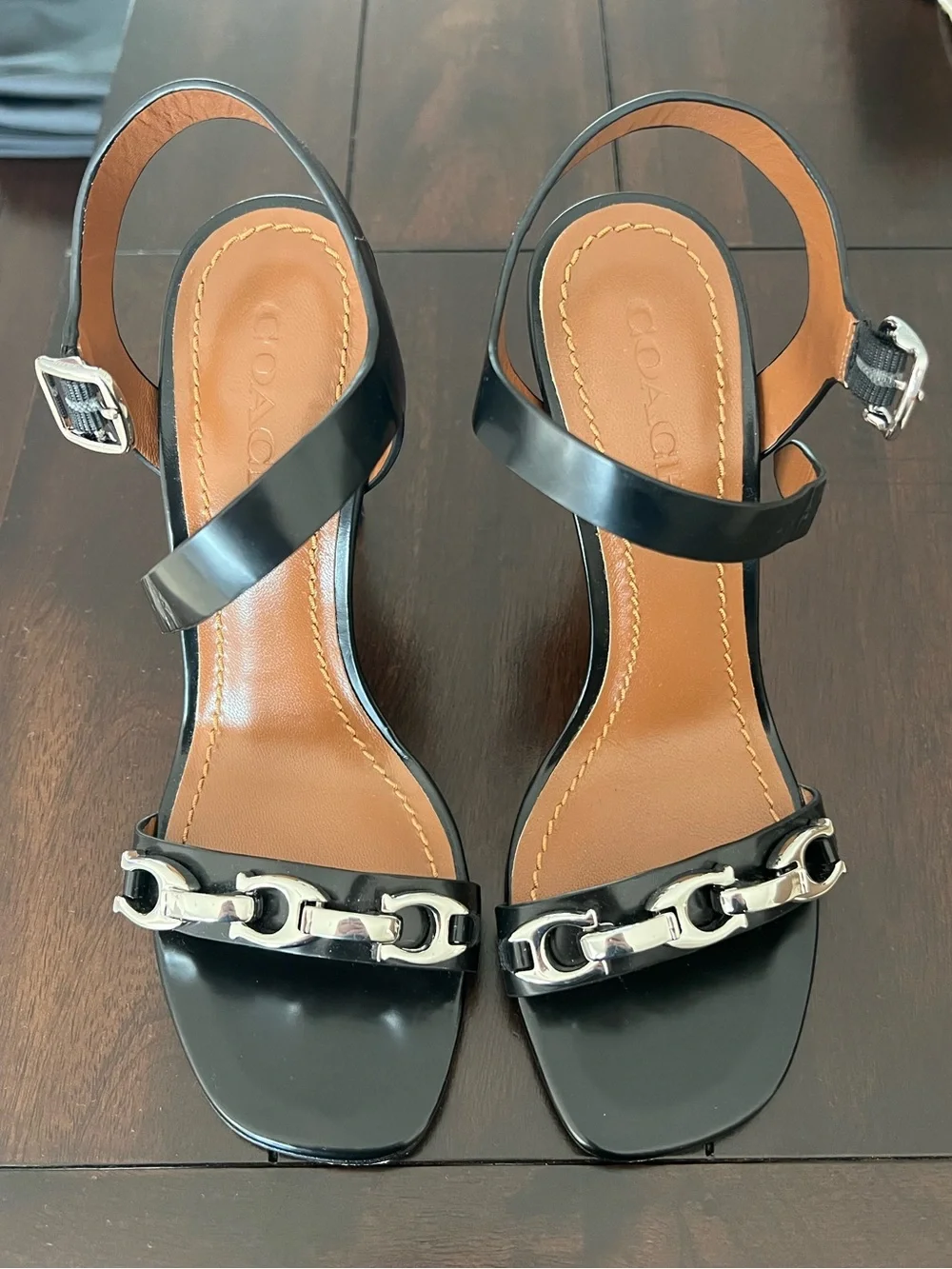 Coach Bonnie Black Leather Signature Chain Stiletto Sandals Size 7